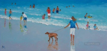 ビーチの人たちと犬 Oil Paintings